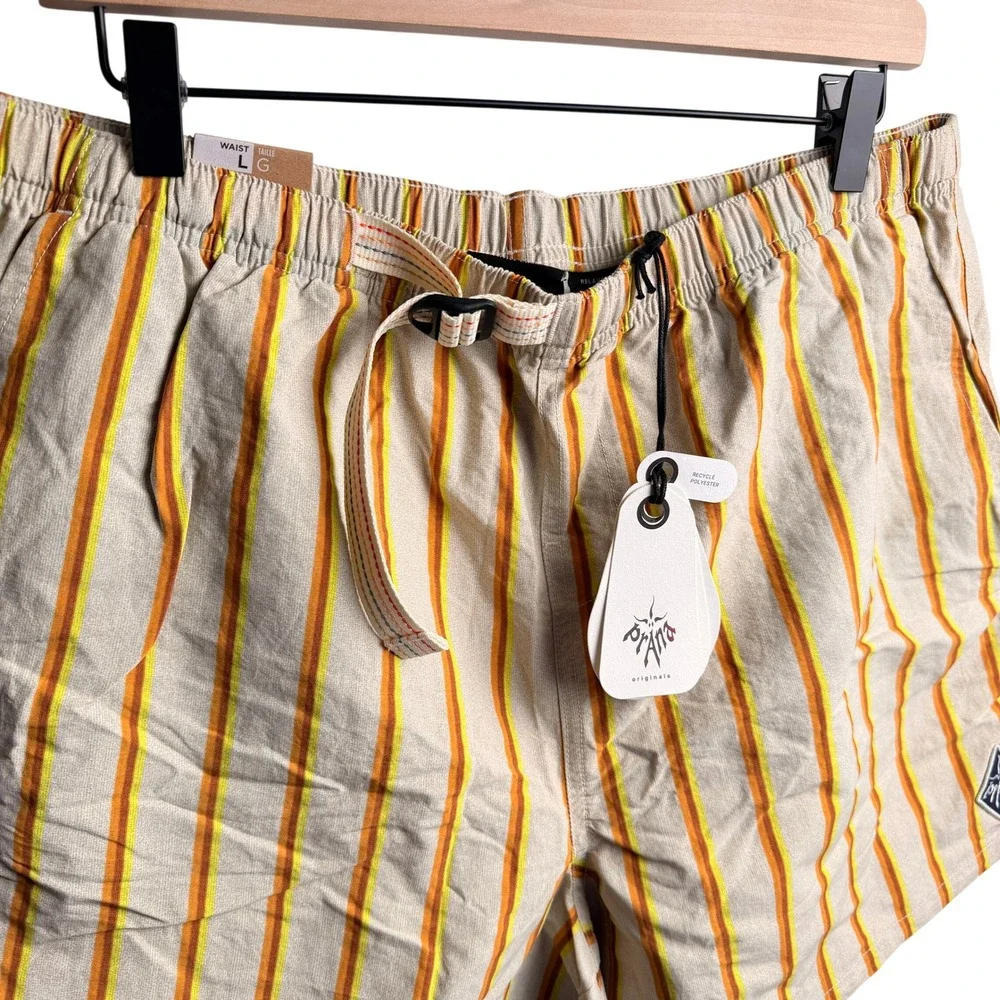 prAna Mens Indio Heritage Short L Yarrow Orange Yellow Striped Sustainable Beach - Picture 2 of 9